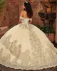 Stunning Lace Appliqued Ball Gown Quinceanera Dresses Sequined Off The Shoulder Neck Prom Gowns Floor Length Tulle Tiered Sweet 15288w