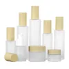 Frosted Glass Botth Bottle Cream Jar z naśladowaną drewnianą pokrywką butelki pompy sprayowej pompy Przenośne słoiki z pojemnika kosmetycznego 20 ml 40 ml 50 ml 50 ml 60 ml 80 ml 100 ml