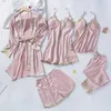 5pcs V-Col Vêtements de nuit Pyjamas Ensembles Mariée Mariage Sexy Femmes Dentelle Vêtements de nuit Costume de sommeil Spring Casual Satin Pijamas 210830