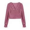 Roze Zwart Velvet V-hals Kant Lange Mouw Backless Up Top Button Sexy B0534 210514