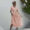 Elegant Polka Dot Print Dress Kvinnor Casual Lace Up V Nacke Sash Party Dress Wrap Work Wear Streetwear Retro Maxi Dress 210514