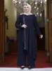 민족 의류 2 피스 세트 탑과 바지 여자 터키 무슬림 긴 드레스 분할 아바야 드레스 라마단 모로코 카프탄 이슬람