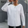 Berryo V Neck White Backless Chain Women Blus Skjortor Långärmad Botton avviker krage toppar Eleganta vårblus Ladies 210326