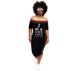 Sexig Stripe Flat Shoulder Letter Print Short Sleeve Bodycon Klänningar för Kvinnor Mode Casual Streetwear S-XXXL X0521