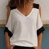 Tシャツステッチの不規則コントラストカラーオフショルダーファッションVネック女性夏カジュアルな新しいスタイルビッグサイズルーズTシャツY0629