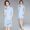 Summer French Vintage Short Sleeve Patchwork Blue Lace Hook Flowers Dress Women Turn-down Collar Party Dresses 210506