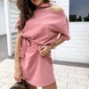 Jocoo Jolee Casual Solid Short Dress Women Short Sleeve Halter Neck Hollow Bandage Mini Dress Vintage Hoodies Dress Sweatshirt 210518