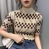 Women's Sweaters #3827 Black Blue Khaki Plaid Knitted Sweater Women Turtleneck Slim Korean Casual Pullover Knitwear Short Sleeved