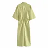 Gömlek Elbise Kadın Yeşil Pembe Pileli Düğme Yukarı MIDI Elbiseler Kadınlar Geniş Kısa Kollu Döner Bayanlar Vintage 210430