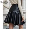 Rits Back Ruffle Seem PU Lederen Rok Dames Herfst Winter Solid Hoge Taille Elegante Mini Rokken Vrouw 210510