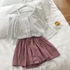 2021 New Fashion Women's Two Piece Set Fresh Striped Off-Axel Loose Blosue Top + Elastic Waist Shorts Suit X0428