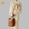 Högkvalitativ Luxury Runway Women Winter Warm Flare Sleeve Loose Sticking Sweater + Slim Split Two-Pite Long Kjol Suit 210520