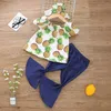 Summer Children Sets Short Sleeve O Neck Print Pineapple T-shirt Blue Solid Flare Pants Cute Girls Boys Clothes Set 1-8T 210629