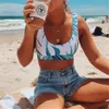 Sexy Scoop Neck White Tropical Palm Leaf High Waist Bikini 2021 Lady Swimwear Kobiety Sportowy Swimsuit Kobiet Pływanie Kąpiel Siatek X0522