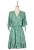 Summer Green Vintage Beach Mini Dress Button Elastyczne Plisowane Krótki Rękaw Tie Dress Dress A-Line Ruffles Sukienka Vestidos 210514