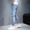 Wholesale teenagers Denim Jeans men's Korean feet brand stretch men's trousers summer thin casual ripped ankle length pants 211120