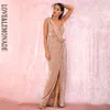 LoveLemonade Sexy Rose Gold Deep V-образным вырезом в сплит блестки Party Maxi платье LM81849 210325