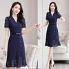 Summer Chiffton Belt Button Short Sleeve V-Neck Knee-Length A-Line Yellow Navy Blue Red Plus Size Women Cocktail Dresses