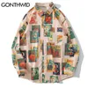 Gonthwid Hawaiian Beach Shirts Harajuku Vintage Plakat Print Z Długim Rękawem Aloha Party Wakacje Koszula Męskie Przycisk Down Tops 210721