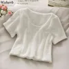 Summer Thin Knit Short Sleeve T-shirt Women Korean Chic Sexy Tops Neon White T Shirts Harajuku Streetwear 210519