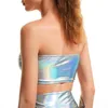 Bling Silver Holographic Women Strapless Tops Mini Skirts Two Piece Set Turtleneck Top Sexy Skirt 2 Pcs Summer Streetwear 220302