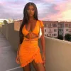 Summer Women Orange Hollow Out Club Dress Sexy Z Krótkim Rękawem Ruffles V Neck Wiele Celebrity Runway Party Dama 210423