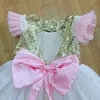 sweet girls flutter sleeve sequin dress with big bows ,lovely baby birthday toddler formal 210529