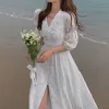 Vintage Rękaw Puff Floral Sukienka Francuski Eleganckie Kobiety Plaża Split Długie Letnie Sundresses 210604