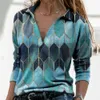 Kvinnor sping långärmad v nacke geometrisk tryckning vintage lös t-shirt avslappnad pullover elegant blus plus storlek 210428