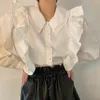 Nomikuma Korean Ruffle Patchwork Women Blouse Double Peter Pan Collar Sweet Shirt Spring Puff Sleeve Elegant Blusas 6F115 210427