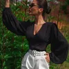 Elegant V Neck Tops Women's Puff Sleeve Blouse Elegant Button Down Female High Wasit Solid Tunic Long Sleeve Top Blusas 210422