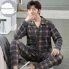 Spring Autumn Knitted Cotton Long Pajama Sets Plaid Sleepwear PJ Pyjamas Men's Sleep & Lounge Home Fashion 210901