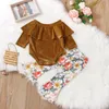 2 pcs toddler bebê cute roupas conjunto outono inverno adorável veludo plissado manga comprida romper + calça floral calças de flare meninas roupa