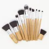 11pcs Bamboo Handle Brush Set Burlap Canvas Bag Beauty tool multifunctional portable Synthetic Makeup Brushes Kit Free Ship 10set