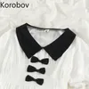 Korobov Robes d'été Contraste Couleur Turn Down Collier Robe à manches courtes Femmes Nouveau Style Preppy Bow Noeud Design Robes 210430