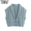 Femmes Mode Bejeweled Boutons Recadrée Câble-Tricot Gilet Pull Vintage Col À Revers Femelle Gilet Chic Tops 210507