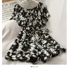 Summer Chiffon Women Casual Playsuits Off-shoulders Printed Floral Short Sleeve Ruffles Wide Leg Romper Overalls Women's Jumpsuits & Rompers