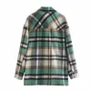 Vintage Woman Loose Green Plaid Woolen Coat Fashion Ladies Autumn Oversized Single Breasted Jacket Female Casual Tops 210515