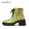 SOPHITINA Women Boots Fashion Elegant High Quality Print Ladies Ankle Boots Thick Heel Platform Lace Up Retro Women Shoes SO690 210513
