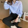 Women's Shirt Long Sleeve Oversized Blouses Casual Striped Cotton Preppy Harajuku Blusas Female Tops Fashion Blue Chic 210506