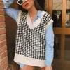 houndstooth vintage sweater vest women streetstyle casual autumn winter pullovers knitted ribbed tops 210427