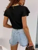 Women Thin Rib Knit White T Shirt Button Ruffle Short Sleeve Pullover Tops Summer Solid Casual O Neck Slim Female Tee Shirt 210507