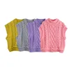 BLSQR Sweet Fashion CabLe Knitted Crop Vest Sweater Women Vintage O-Neck Sleeveless Female Waistcoat Pink Chic Tops 210430