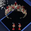 Baroque Vintage Gold Red Crystal Bridal Jewelry Sets Rhinestone Tiaras Crown Choker Necklace Earrings Set Wedding Accessories189H