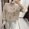 Dames Vintage Koreaanse lange mouw Pullover Chic Flowers Beaded Mode Harajuku Gebreide trui houdt warme herfst en winter 211218