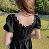 A-line платье черный колокольчик французский ретро тонкий темперамент женский летний половой рукав волна женщин плюс размер 210601