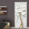 Self-Adhesive Door Sticker 3D Stereo White Flowers Mural Wallpaper Living Room Bedroom Home Decor Door Poster Waterproof Sticker 210722