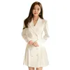 Elegant Women White Blazer Dress Spring Autumn Long Sleeve Work Nothced Collar Buttons Office Lady OL 210603