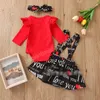 Kinder Kleidung Sets Mädchen Valentinstag Outfits Infant Flying Sleeve Strampler Tops + Buchstabe Strap Kleid + Stirnband 3 Teile / Sets Frühling Herbst Mode Baby Kleidung