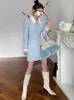 GetSpring Women Dress Temperament Vintage Long Sleeve Single Breasted A-Line es Slim Thin Blue Spring es 210601